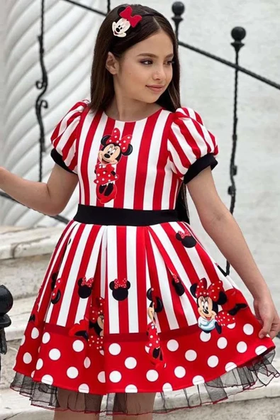 Kız Çocuk Üzeri Mc Maymun Baskılı Şerit Ve Çizgi Detaylı Kırmızı Elbise - Resim 2