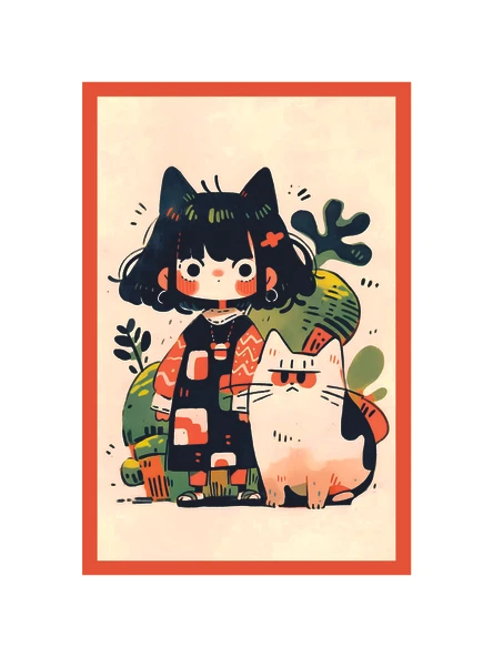 Sevimli Kız ve Kedi İllüstrasyon Dekoratif Kartpostallar ve Hediye Not Kartları  10 x 15 cm ürün görseli