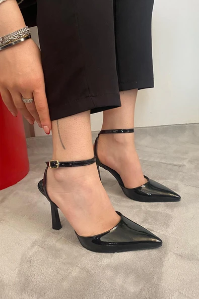 Kadın Persi Siyah Rugan Bilekten Bağlamalı 10 cm İnce Topuklu Ayakkabı - 2