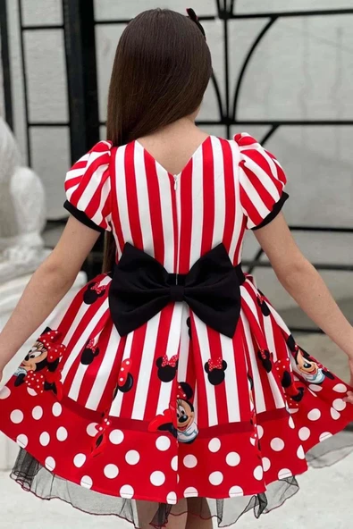 Kız Çocuk Üzeri Mc Maymun Baskılı Şerit Ve Çizgi Detaylı Kırmızı Elbise - Resim 4