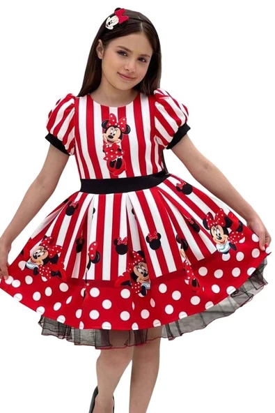 Kız Çocuk Üzeri Mc Maymun Baskılı Şerit Ve Çizgi Detaylı Kırmızı Elbise - Resim 5