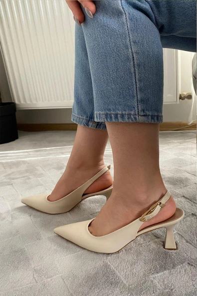 Kadın Motto Kıren Cilt Sivri Burun Arkası Acık 8 cm Topuklu Ayakkabı - 5