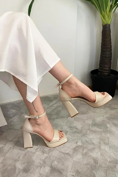 Kadın Verlino Bej Cilt Tek Bantlı Bantlı Bilektan Bağlamalı 10 cm Platfom Topuklu Aykkabı - 3