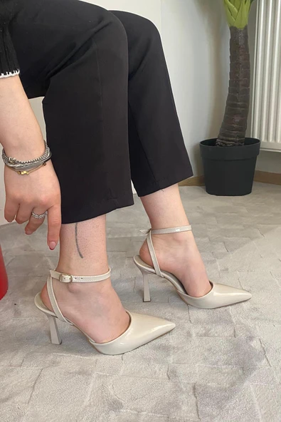 Kadın Persi Krem Rugan Bilekten Bağlamalı 10 cm İnce Topuklu Ayakkabı - 5