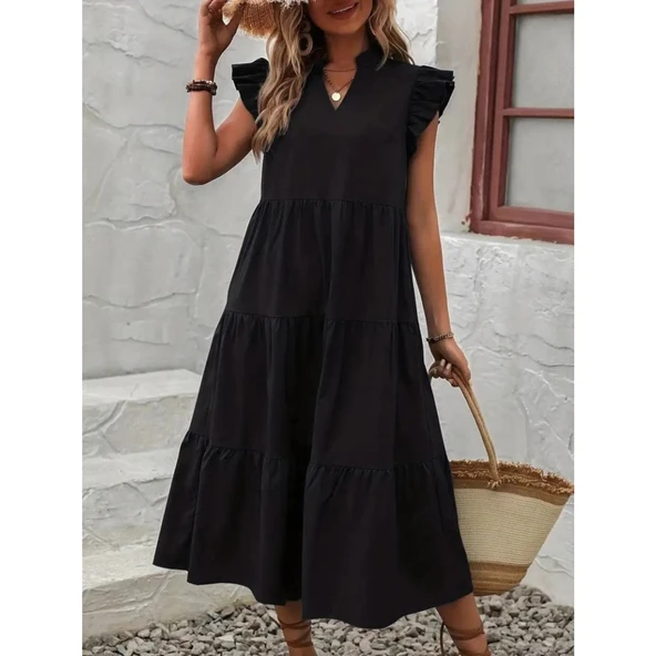 Lucky Life Kadın Kısa Kollu V Yakalı Geniş Kesim Uzun Trikoton Elbise - 3