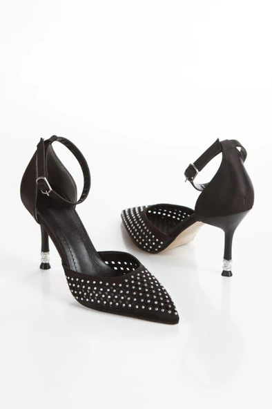 Kadın Fenny Siyah Saten Kristal Taşlı 9 Cm Teş Detaylı İnce Topuklu Sivri Burunlu Arkası Acık Stiletto - 7