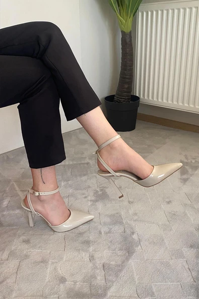 Kadın Persi Krem Rugan Bilekten Bağlamalı 10 cm İnce Topuklu Ayakkabı - 6
