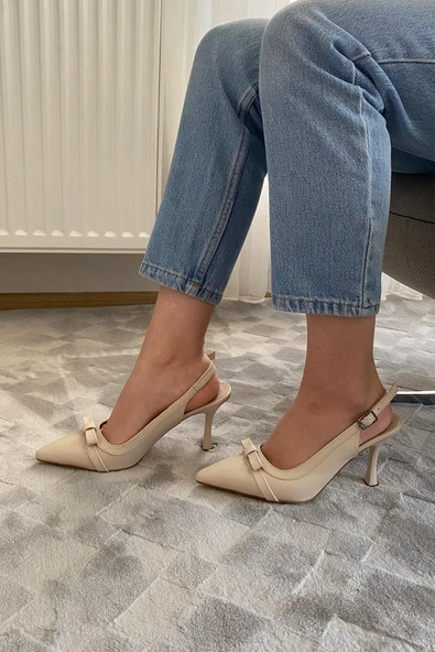 Kadın Madame Krem Cilt Fiyonk Detaylı Arkası Acık 9 cm İnce Topuklu Ayakkabı - 2