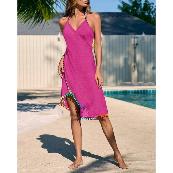 Lucky Life Kadın Askılı Derin V Yakalı çapraz Geçmeli Ponponlu Bürümcük Pareo - 3