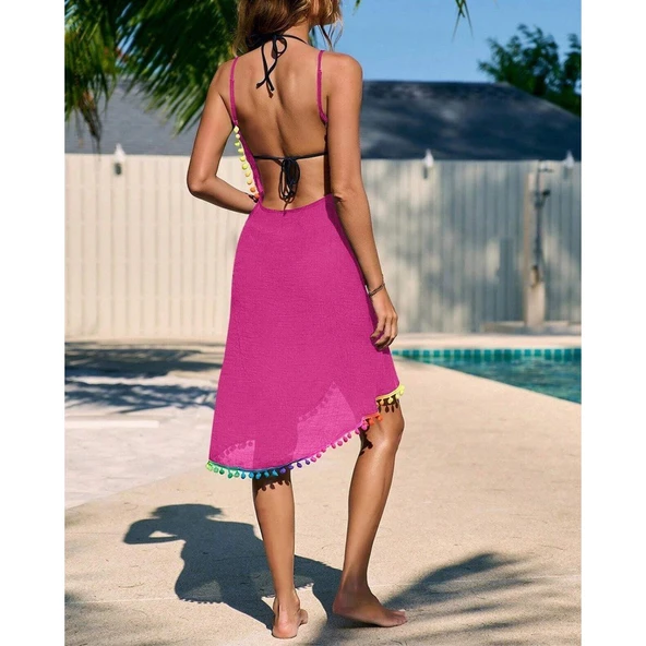 Lucky Life Kadın Askılı Derin V Yakalı çapraz Geçmeli Ponponlu Bürümcük Pareo - 6