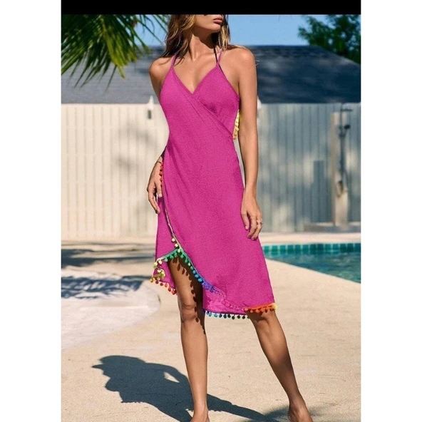 Lucky Life Kadın Askılı Derin V Yakalı çapraz Geçmeli Ponponlu Bürümcük Pareo - 4