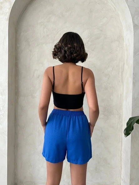 Armalı keten şort saks mavisi s251003 - Resim 2