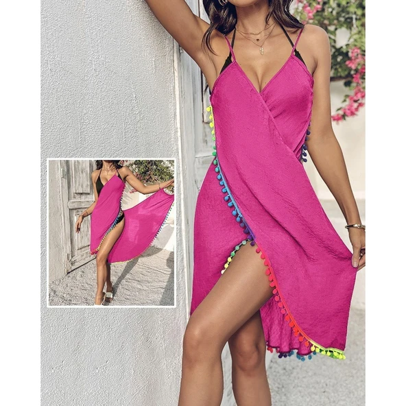 Lucky Life Kadın Askılı Derin V Yakalı çapraz Geçmeli Ponponlu Bürümcük Pareo - 5