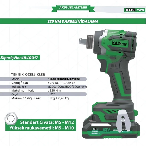 Hais Pro AKÜLÜ DARBELİ VİDALAMA 320NM 21V 2.0Ah RB-DB2108W (RB-DB2108) HAISPRO - 2