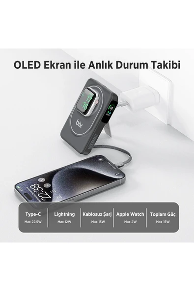 Bix Tpb16 10.000 Mah Oled Ekranlı Manyetik Kablosuz Powerbank 20w Pd Hızlı Şarj Ve 15w Magsafe Siyah - 6
