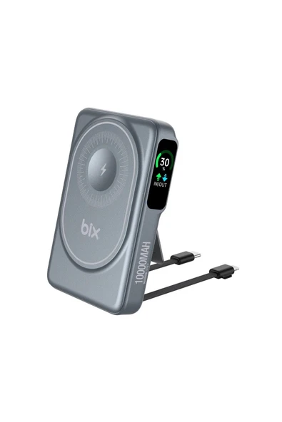 Bix Tpb16 10.000 Mah Oled Ekranlı Manyetik Kablosuz Powerbank 20w Pd Hızlı Şarj Ve 15w Magsafe Gri - 1