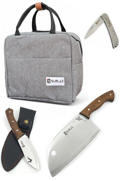 4 Parça Surlaz Kamp Bıçak Seti, Gri Termal Çantası, Ahşap Saplı