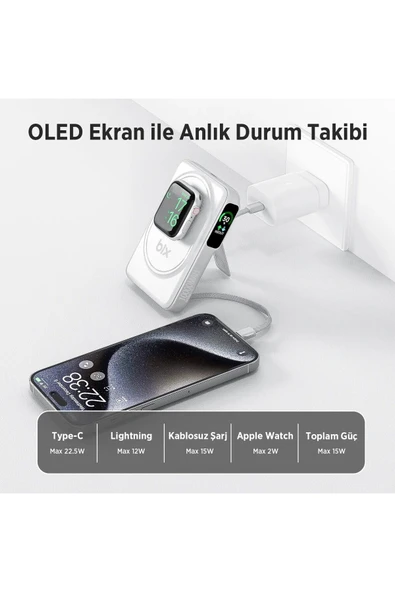 Bix Tpb16 10.000 Mah Oled Ekranlı Manyetik Kablosuz Powerbank 20w Pd Hızlı Şarj Ve 15w Magsafe Beyaz - 4