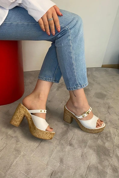 Kadın Rina Beyaz 10 cm Platfom Topuklu Mantar Taban Terlik & Sandalet K-840 - 4