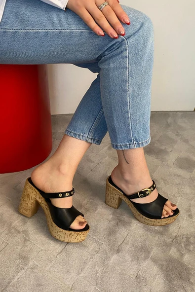 Kadın Rina Siyah 10 cm Platfom Topuklu Mantar Taban Terlik & Sandalet K-840 - 5