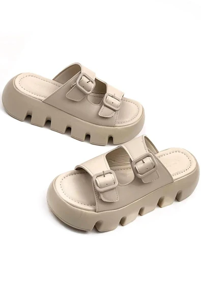 Kadın Sero Ten Çift Bant Kalın Taban Ortopedik  Sandalet Terlik - 4