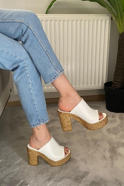 Kadın Oven Beyaz 10 cm Platfom Topuklu Mantar Taban Terlik K-850 - 2