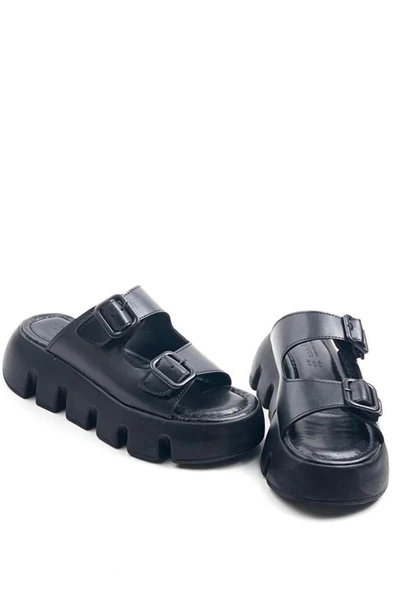 Kadın Sero Siyah Çift Bant Kalın Taban Ortopedik  Sandalet Terlik - 3