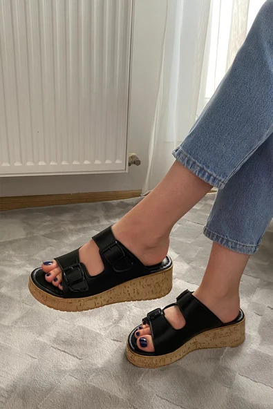 Kadın Nora Siyah Çift Bant Kalın Mantar Taban Ortopedik Sandalet Terlik K-270 - 5