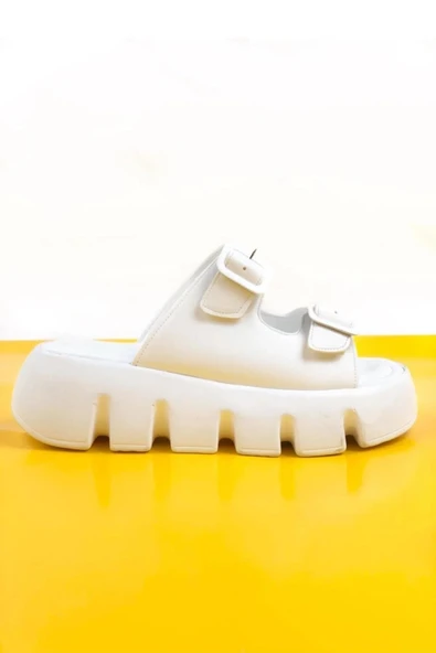 Kadın Sero Beyaz Çift Bant Kalın Taban Ortopedik  Sandalet Terlik - 2