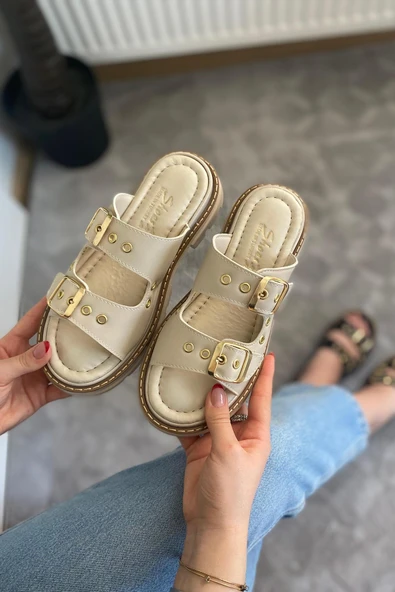 Kadın Firida Bej Çift Bantlı Kapsül Detaylı  Kalın Taban Ortopedik  Sandalet Terlik K-100