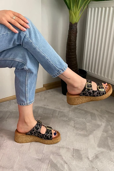 Kadın Nora Siyah Leopar Çift Bant Kalın Mantar Taban Ortopedik Sandalet Terlik K-270 - 3
