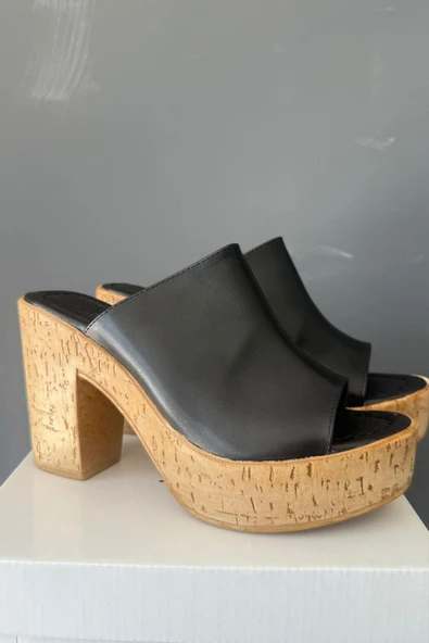 Kadın Oven Siyah Cilt 10 cm Platfom Topuklu Mantar Taban Terlik K-850 - 4