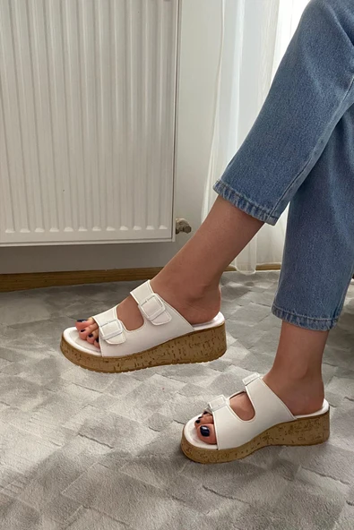 Kadın Nora Beyaz Çift Bant Kalın Mantar Taban Ortopedik Sandalet Terlik K-270 - 3