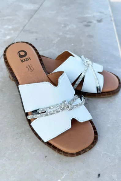 Kadın Kari Hakiki Deri Taş Detaylı Terlik - 5