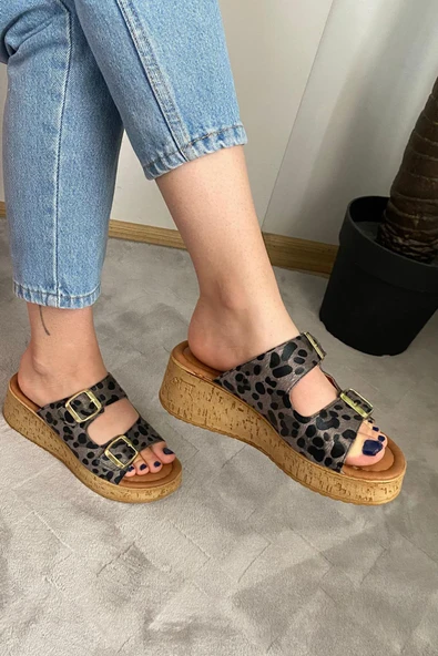 Kadın Nora Siyah Leopar Çift Bant Kalın Mantar Taban Ortopedik Sandalet Terlik K-270 - 5