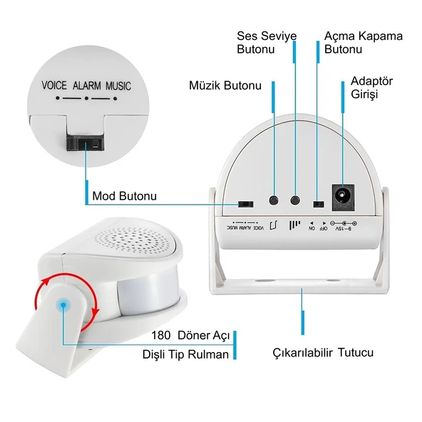 TriLine Misafir Karşılama Zili 3 Modlu Kumandalı Hareket Sensörlü Güvenlik Alarm Pır Sensör - Resim 6