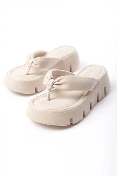 Kadın Tokyo Krem Kalın Tabanlı Parmak Arası Terlik - 4