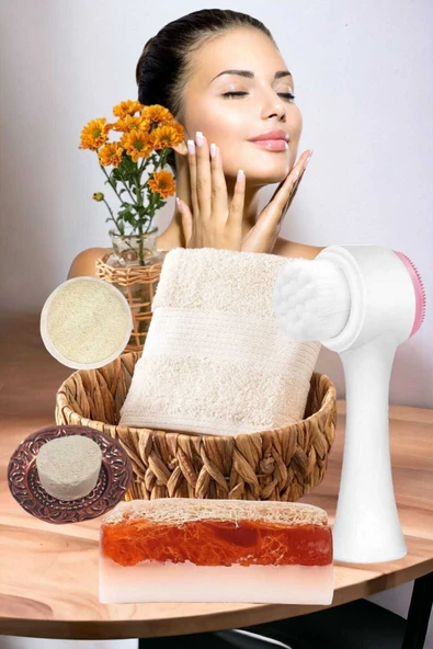 5'li Kabak Lifli Keçi Sütlü Çilek Sabun Ruşur Taşı Yüz Pedi Yüz Temizleme Fırçası Havlu Cilt Bakım - 3