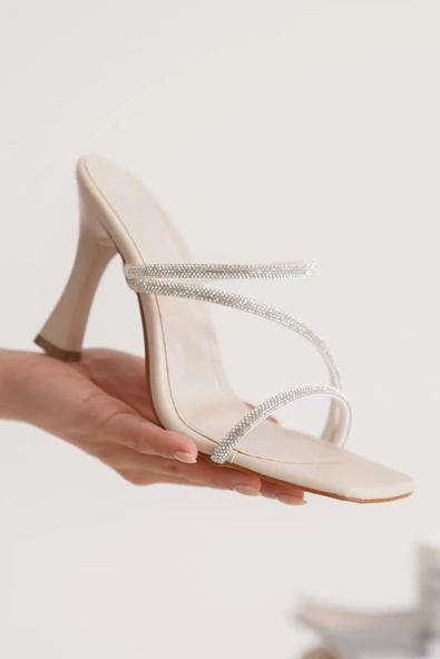Kadın Alia Krem 9 cm Topuklu Taşlı Terlik - 4