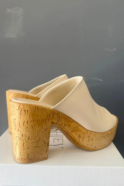 Kadın Oven Bej 10 cm Platfom Topuklu Mantar Taban Terlik K-850 - 4