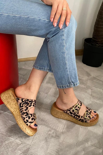 Kadın Nora Leopar Desen Çift Bant Kalın Mantar Taban Ortopedik Sandalet Terlik K-270 - 2