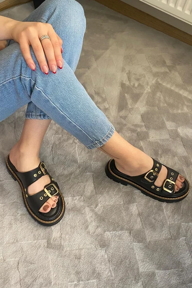 Kadın Firida Siyah Çift Bantlı Kapsül Detaylı  Kalın Taban Ortopedik  Sandalet Terlik K-100 - 2