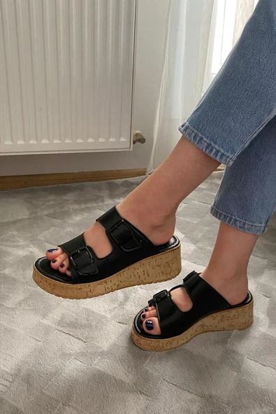 Kadın Nora Siyah Çift Bant Kalın Mantar Taban Ortopedik Sandalet Terlik K-270 - 3
