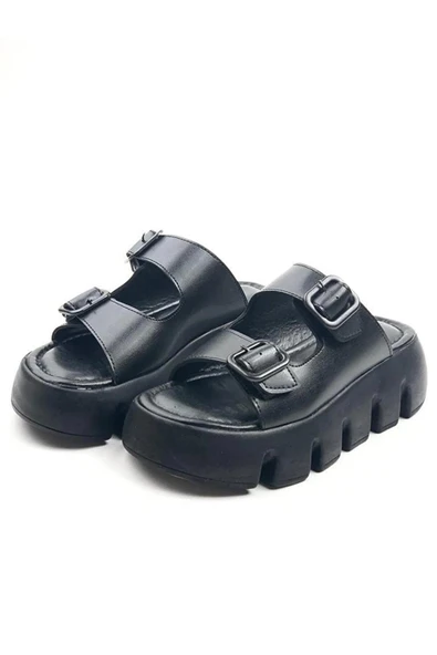 Kadın Sero Siyah Çift Bant Kalın Taban Ortopedik Sandalet Terlik