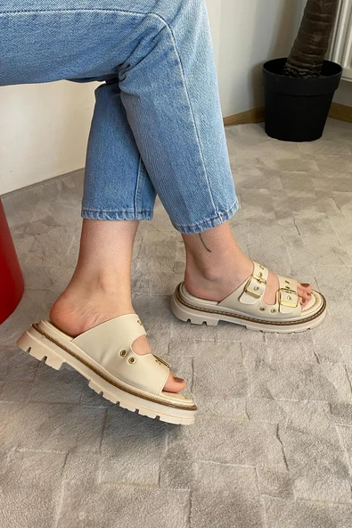 Kadın Firida Bej Çift Bantlı Kapsül Detaylı  Kalın Taban Ortopedik  Sandalet Terlik K-100 - 5