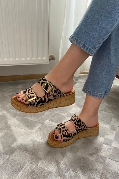 Kadın Nora Leopar Desen Çift Bant Kalın Mantar Taban Ortopedik Sandalet Terlik K-270