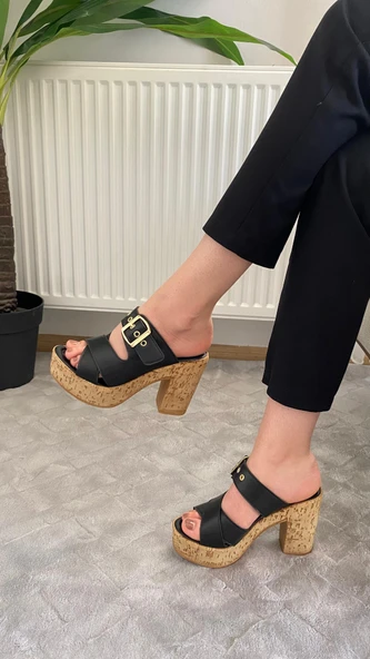 Kadın Maya Siyah Cİlt Toka Tetaylı 10 cm Platfom Topuklu Mantar Taban Terlik K-800 - 3