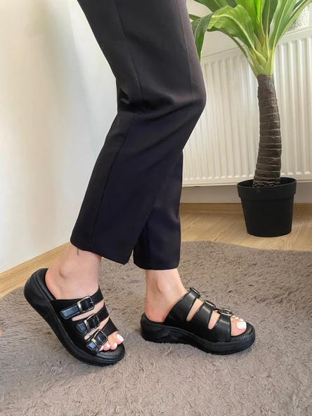 Kadın Siyah Mazer Konfor Ortopedik Taban Tokalı Terlik - 2