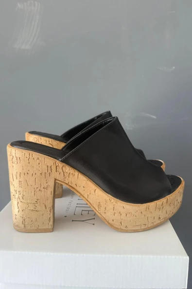 Kadın Oven Siyah Cilt 10 cm Platfom Topuklu Mantar Taban Terlik K-850 - 3