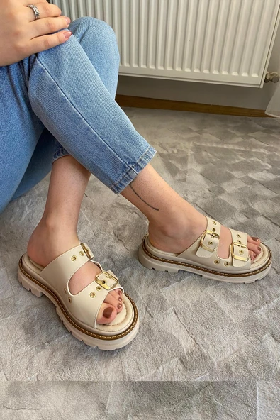 Kadın Firida Bej Çift Bantlı Kapsül Detaylı  Kalın Taban Ortopedik  Sandalet Terlik K-100 - 2